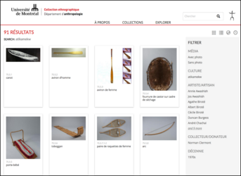 Page de recherche du site Web de la collection ethnographique